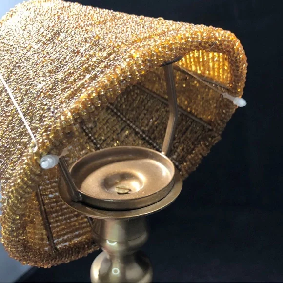 Set of 2 GOLD-TONED TEA-LIGHT CANDLE LAMPS with GOLD COLORED BEADED LAMPSHADES - Picture 11 of 16